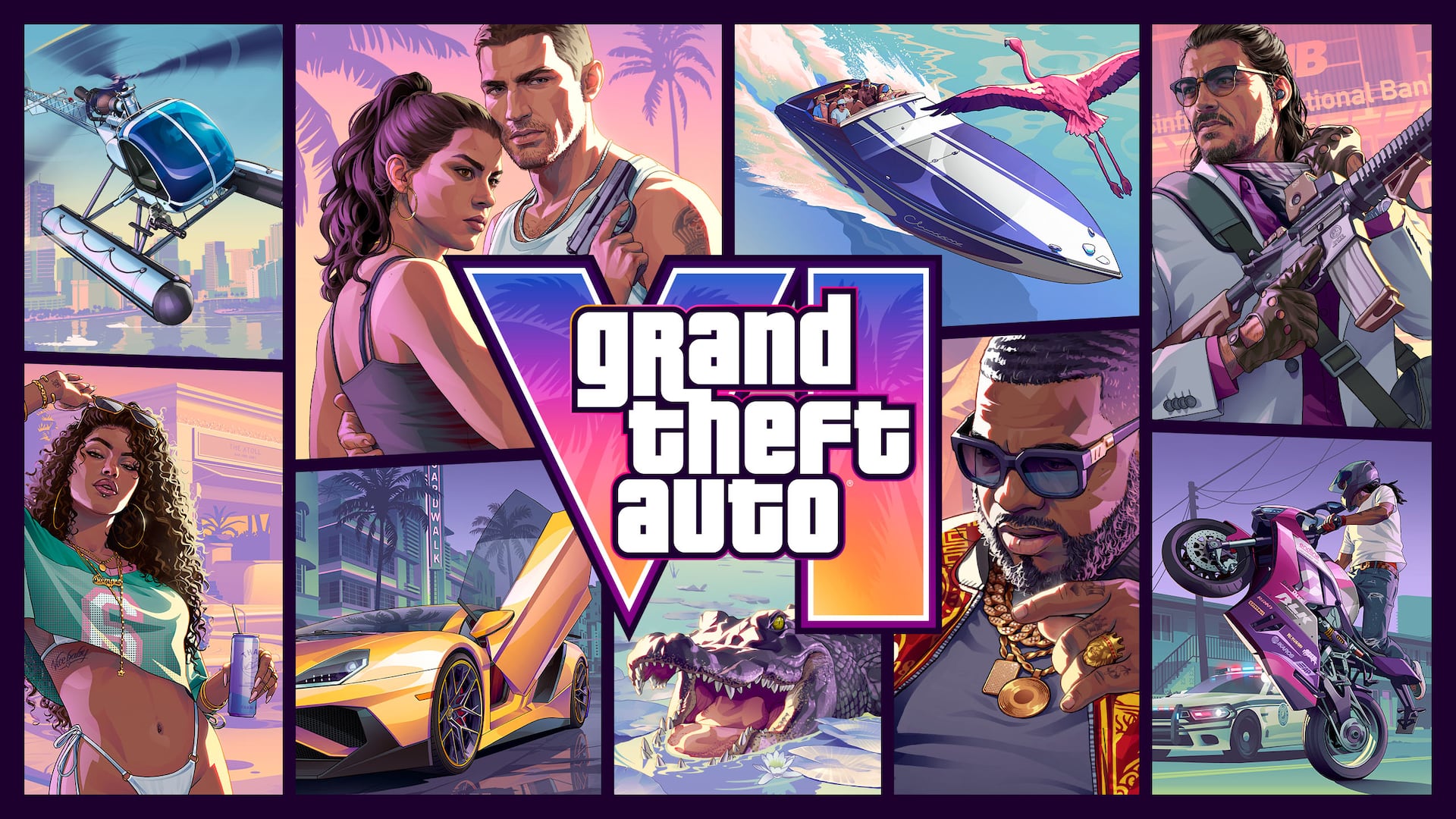 Official Grand Theft Auto VI key art — Jason and Lucia and the cast of Leonida around the GTA VI logo